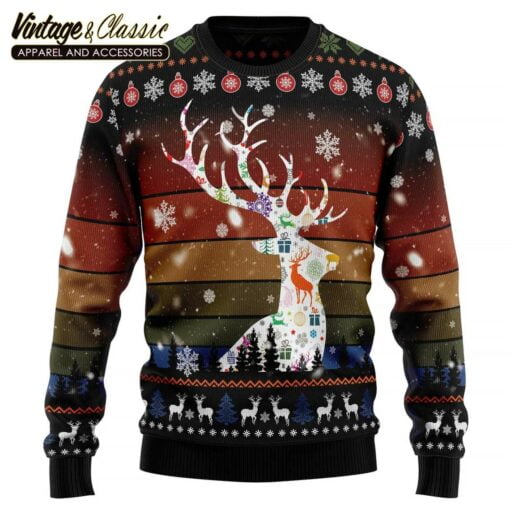Vintage Background Awesome Deer Ugly Christmas Sweater, Xmas Sweatshirt