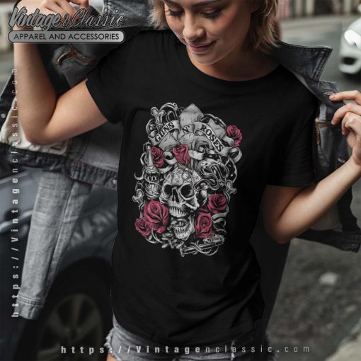 Guns N Roses Flourish Skull Pink Roses Shirt