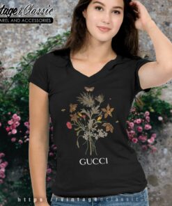 Luxury Gucci Flowers Logo V Neck TShirt