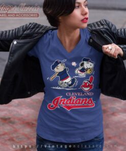 Snoopy Charlie Brown Playing Baseball Cleveland Indians V Neck TShirt