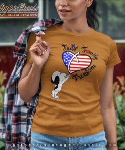 Snoopy Faith Family Freedom Heart American Flag Women TShirt