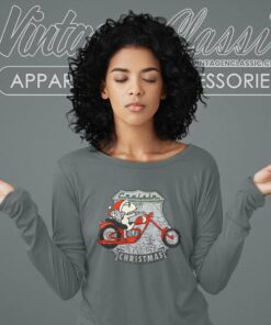 Snoopy Woodstock Motorcycle Cruisin Christmas Long Sleeve Tee